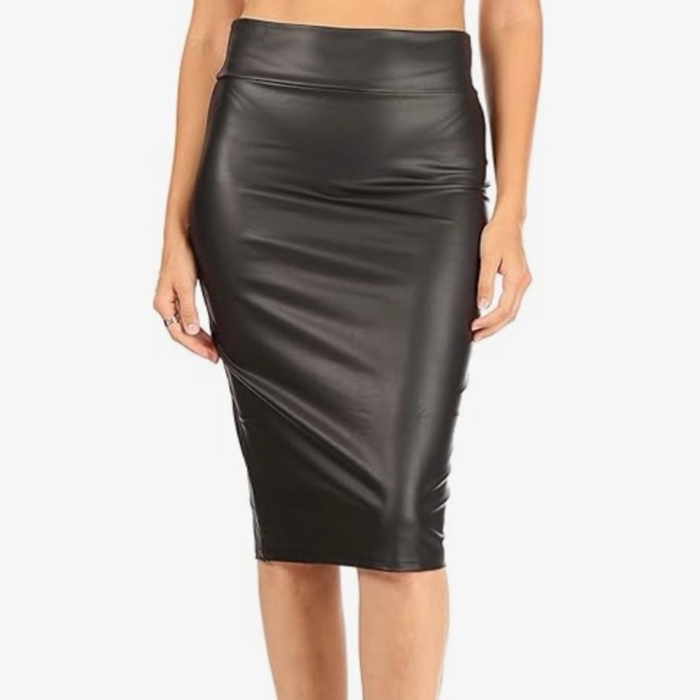 SIMLU Black Faux Leather Midi Pencil Skirt Very Stretchy High Waist Office M EUC